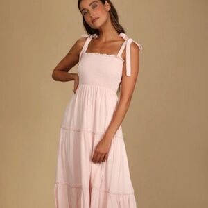 Lulu’s Light Pink Smocked Tie-Strap Maxi Dress